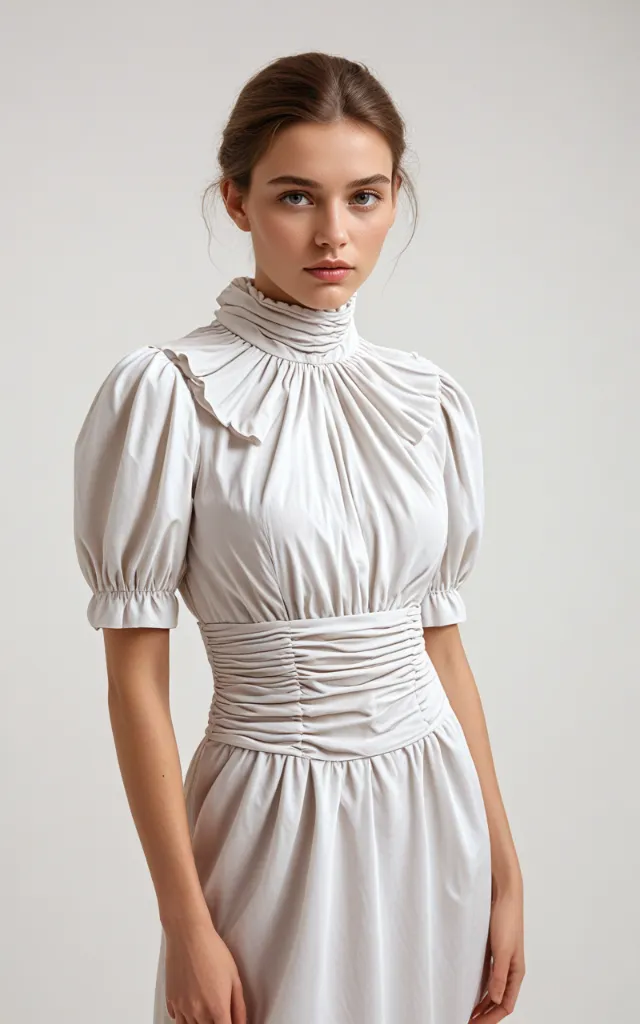 A European female model wearing a dress with a Ruched collar, white background, bust portrait